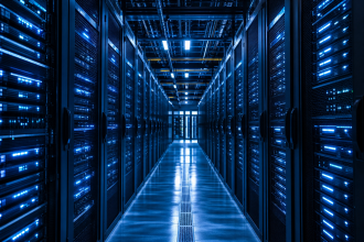 Michael Dell em composição editorial com servidores de inteligência artificial em um data center moderno, sem textos ou logotipos legíveis
