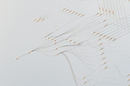 Ilustração abstrata de redes neurais digitais interligadas, representando fluxo de dados e inteligência artificial.