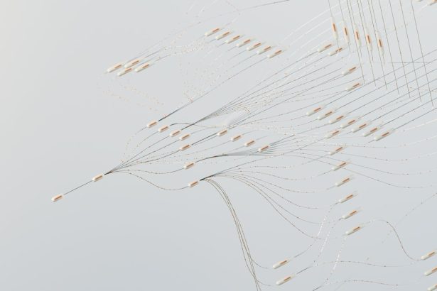 Ilustração abstrata de redes neurais digitais interligadas, representando fluxo de dados e inteligência artificial.