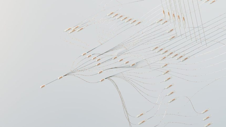 Ilustração abstrata de redes neurais digitais interligadas, representando fluxo de dados e inteligência artificial.