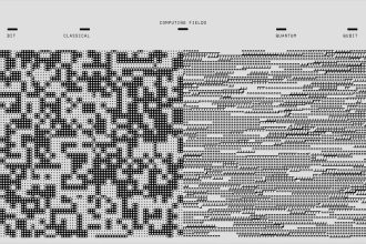 Padrões geométricos e binários em preto e branco representando tecnologias de computação e segurança digital.