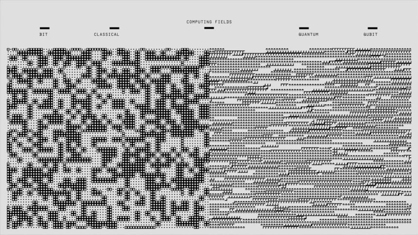 Padrões geométricos e binários em preto e branco representando tecnologias de computação e segurança digital.